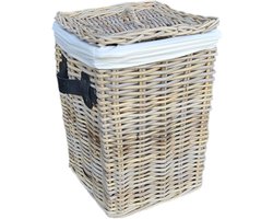 Rieten Wasmand Klein 34cm | Deksel & Linnen Voering | Zwarte Leren Handgrepen | Handgemaakt Indonesië