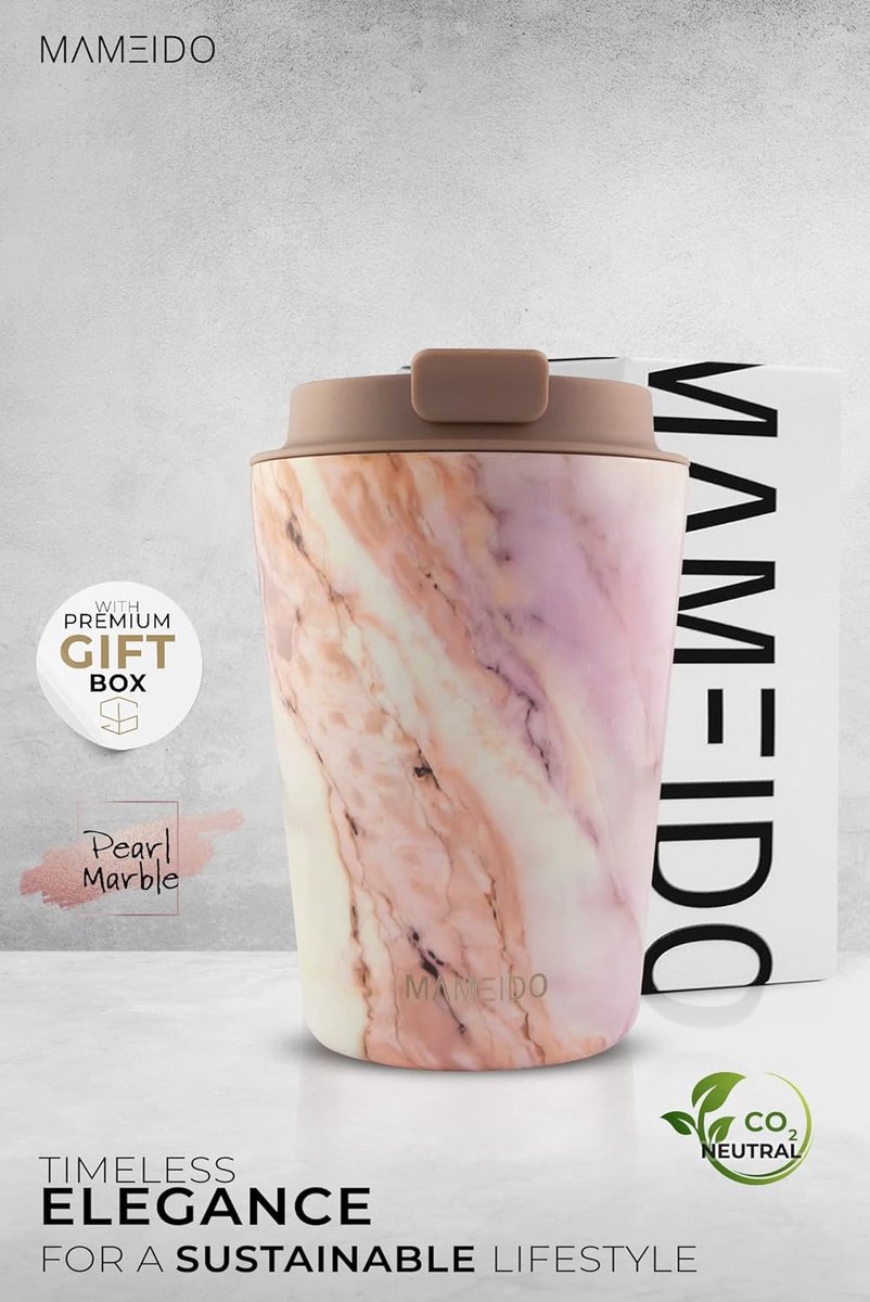 Thermosbeker 350ml Pearl Marble - Koffiemok gemaakt van roestvrij staal dubbelwandig geïsoleerd, lekvrij - Coffee to go Mok