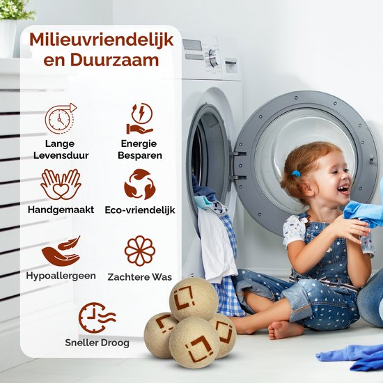 Fille près d'une machine à laver avec des symboles soulignant la durabilité, le fait main et le linge doux.
