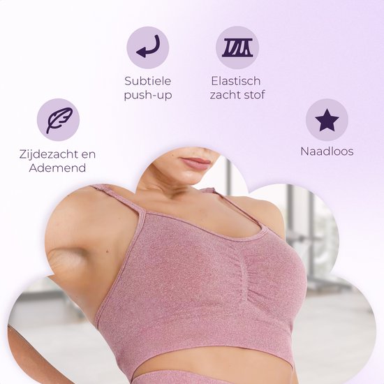 Vrouw in roze sportbeha. Iconen met tekst: Zonder naad, Zonder beugel, Zachte stof, Ademend, Push-up.