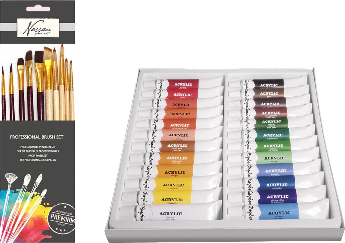 Rayher hobby materialen Rayher Hobby Acrylverf schilderset 24x gekleurde tubes van 12 ml met 10x schilderpenselen