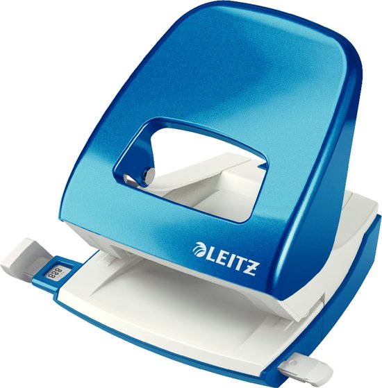 Blauwe Leitz perforator met witte en grijze basis.