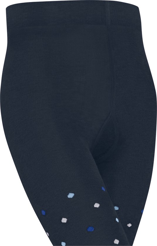 Navyblauwe panty met stippenpatroon in wit, lichtblauw en donkerblauw op de benen.