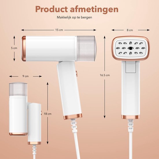 Afmetingen van de witte Cleanforce kledingstomer met koperen accenten in uitgevouwen en opgevouwen toestand.