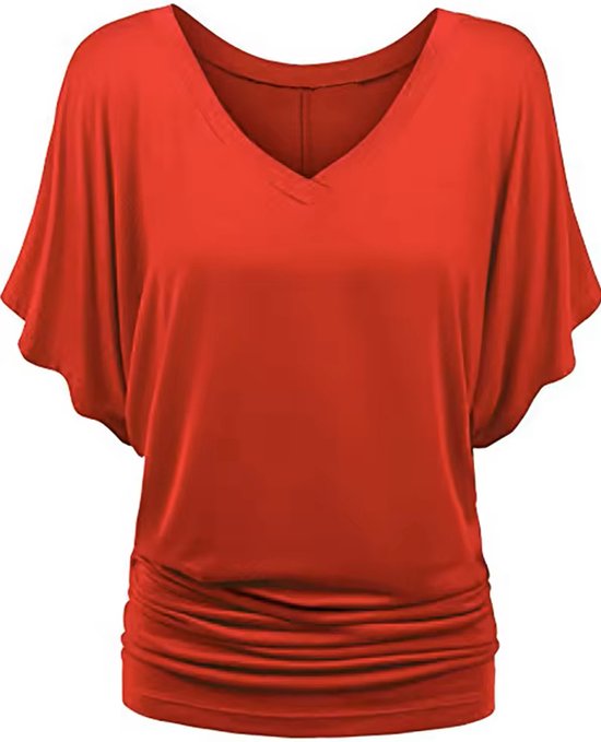 ASTRADAVI Damesmode - Top - Elegant V-hals shirt met vleermuismouwen - Batwing Blouse met met elastische zijkanten - Rood / Medium