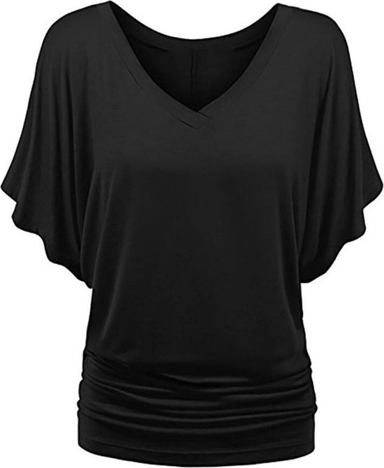 ASTRADAVI Damesmode - Top - Elegant V-hals shirt met vleermuismouwen - Batwing Blouse met met elastische zijkanten - Zwart / 2X-Large