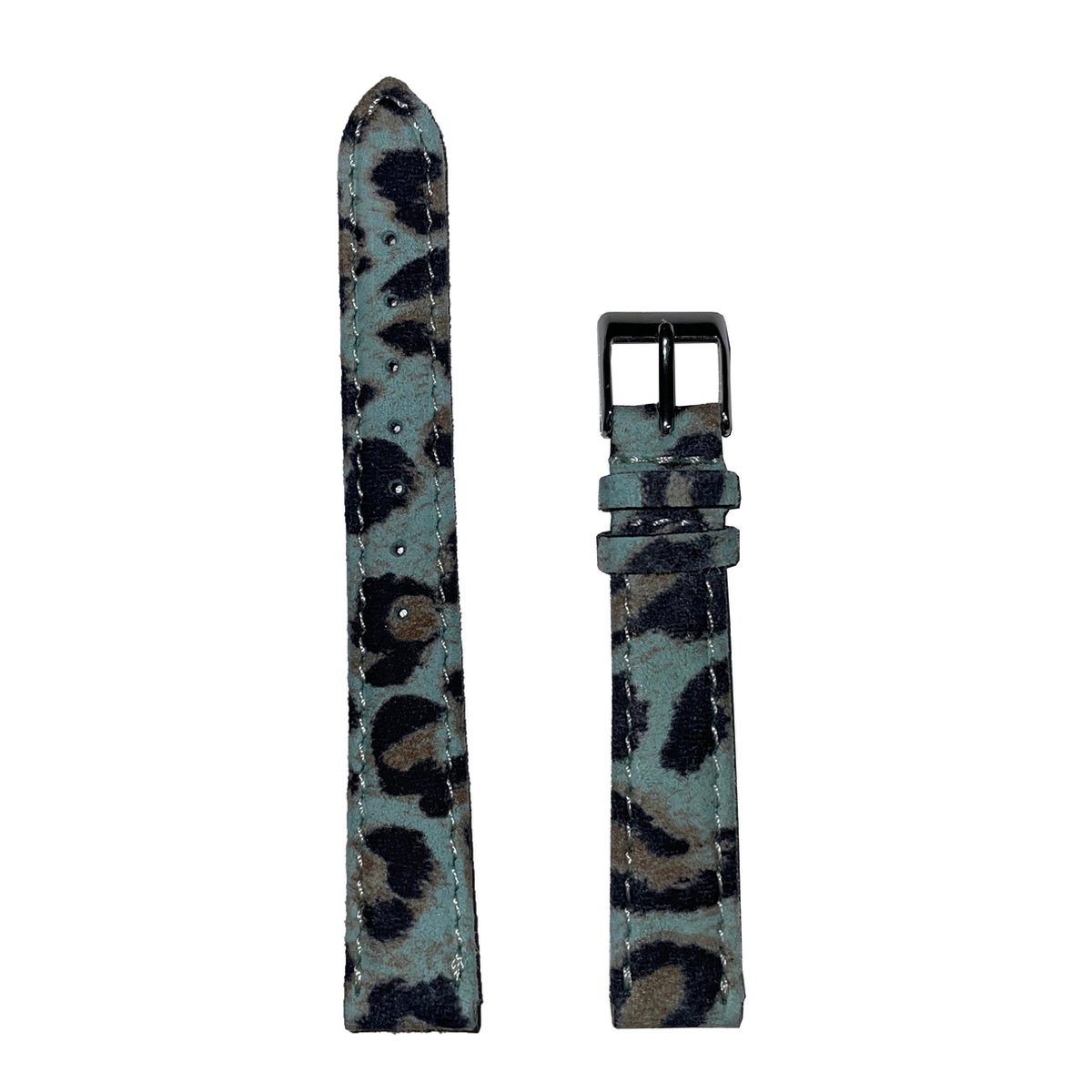 Horlogeband uitvoering 2 - 14mm - Blauw-Groen - Echt leer in stoffen uitvoering met panter print - Roestvrijstalen gesp