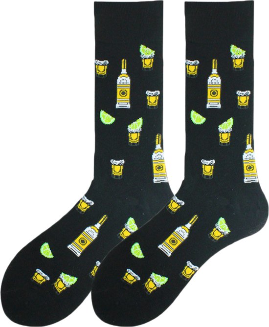 Tequilla Sokken - Zwarte Sokken met Drankflessen, Glazen en Limoen - Maat 37-41 - Grappige sokken - Alcohol/Bar/Mexicaans