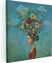 Artaza Canvas Schilderij Vrouw met Bloemen op haar Hoofd - 30x30 - Klein - Foto Op Canvas - Canvas Print