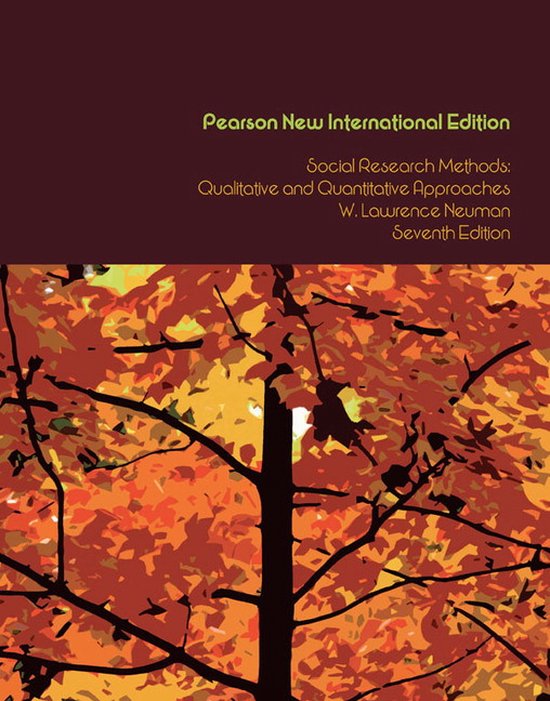 Pearson New International Edition Social Research Methods: Qualitative and Quantitative Approaches, door W. Lawrence Neuman, zevende editie. Bladverwarming van herfstbladeren op de voorgrond.