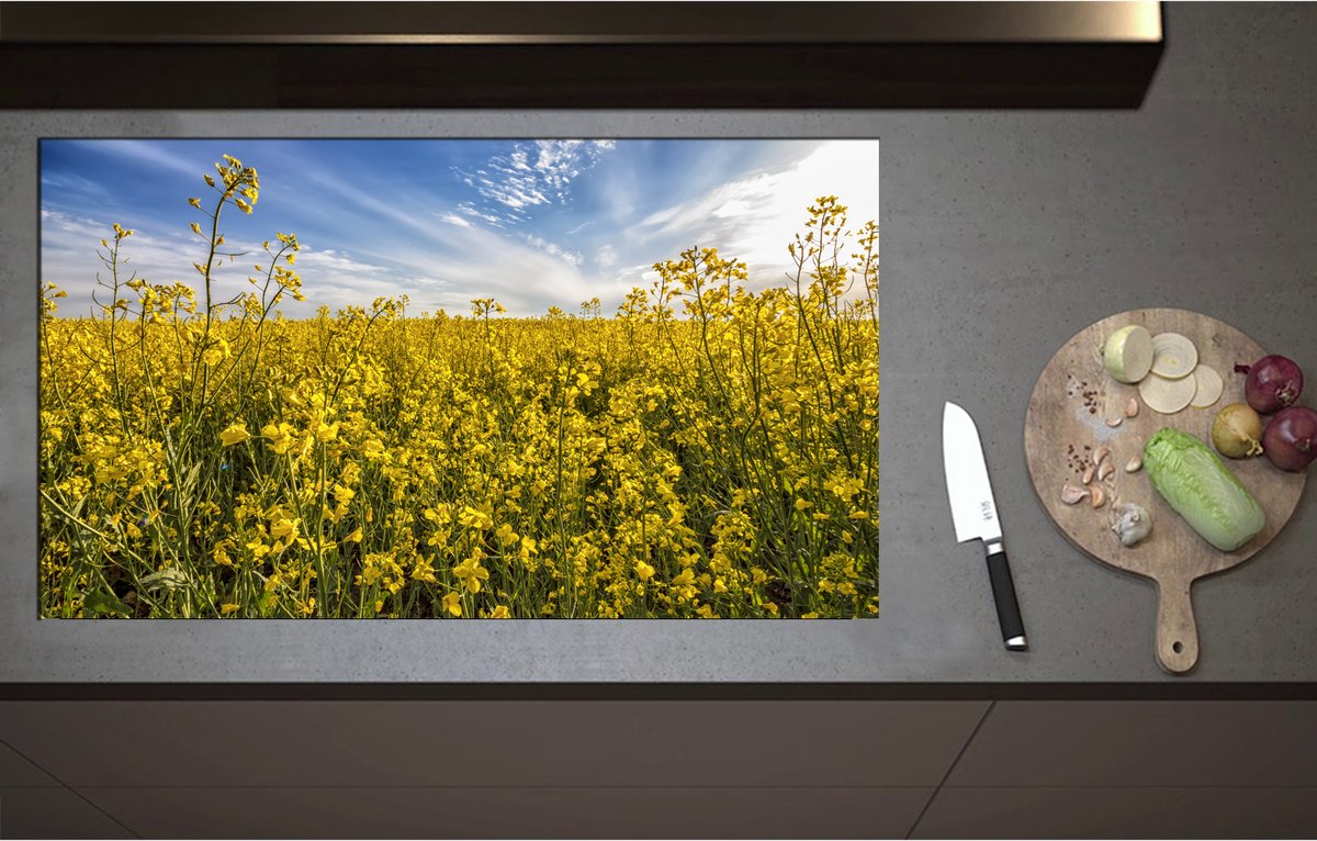 Inductieplaat Beschermer - Bloeiende Gele Bloemen op een Mooie Lentedag - 95x55 cm - 2 mm Dik - Inductie Beschermer - Bescherming Inductiekookplaat - Kookplaat Beschermer van Wit Vinyl