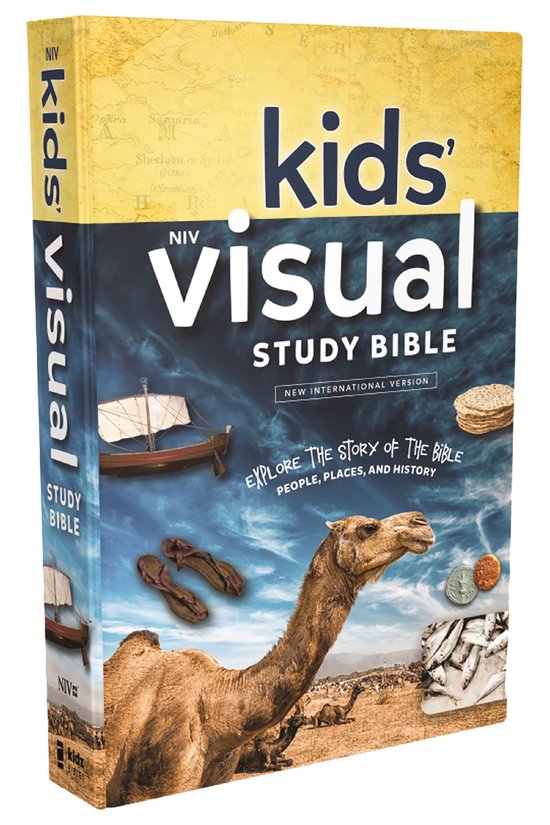 NIV Kids Visual Study Bible, met een kameel, schuitje, sandalen en munten. Tekst: kids visual STUDY BIBLE.