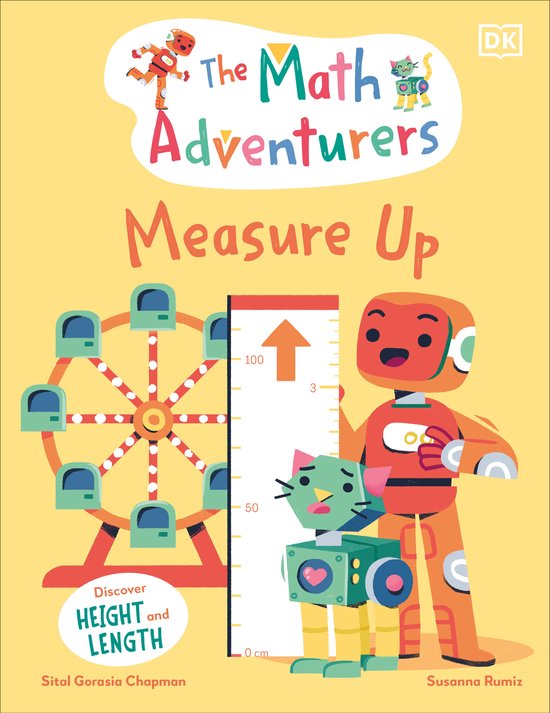 Boekomslag: The Math Adventurers Measure Up, met een robot en een robotkat bij een reuzenrad en een hoogtemeter.
