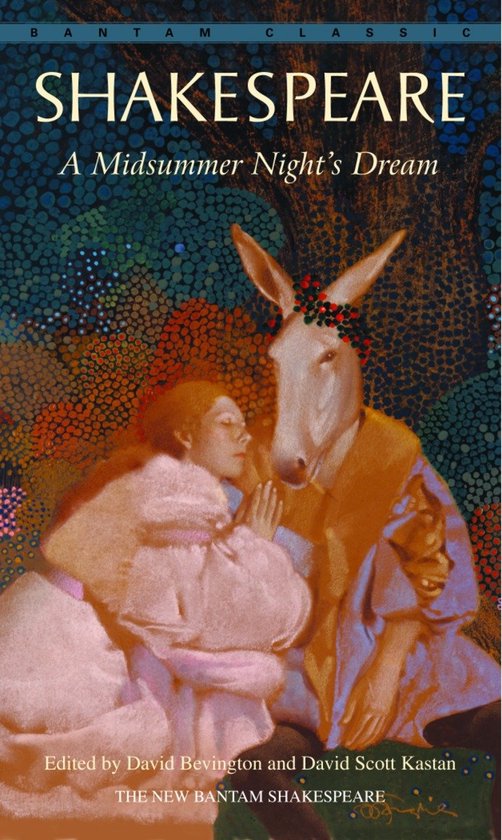Boekcover van "Shakespeare A Midsummer Night's Dream" met een vrouw en een man met een ezelskop, die een bloemenkrans draagt. De achtergrond is een bos in oranje, groen en blauwe tinten.