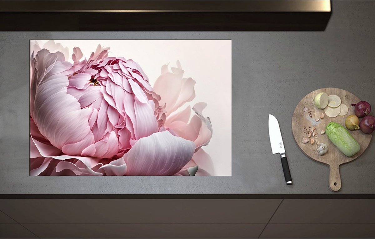 Inductieplaat Beschermer - Bloeiende Pastelroze Pioenroos Bloem op Pastelroze Achtergrond - 80x55 cm - 2 mm Dik - Inductie Beschermer - Bescherming Inductiekookplaat - Kookplaat Beschermer van Zwart Vinyl