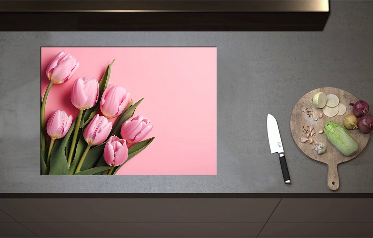 Inductieplaat Beschermer - Boeket van Roze Tulpen Liggend op Roze Oppervlak - 71x52 cm - 2 mm Dik - Inductie Beschermer - Bescherming Inductiekookplaat - Kookplaat Beschermer van Zwart Vinyl