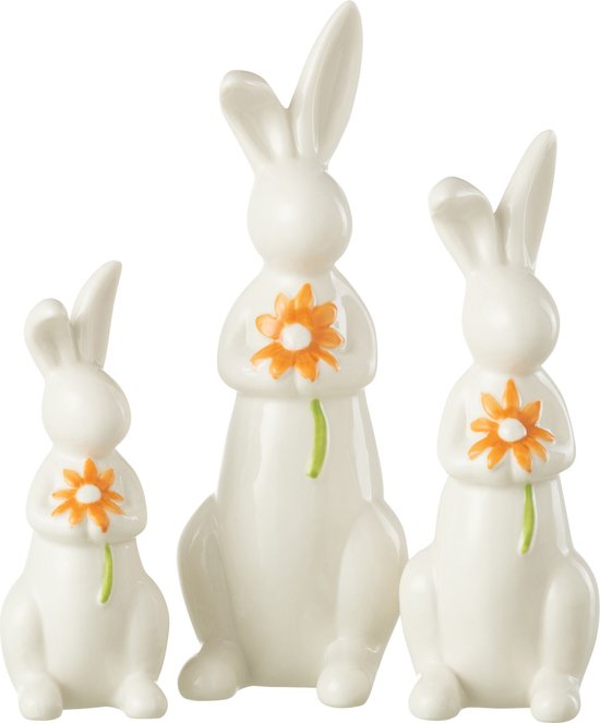 J-Line décoration Lapins Fleurs - porcelaine - orange/blanc - 3 pièces