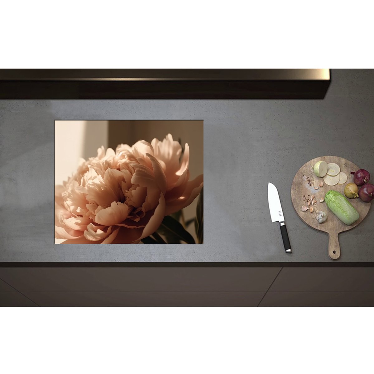 Inductieplaat Beschermer - Bloeiende Grote Pastelroze Bloemen - 60x50 cm - 2 mm Dik - Inductie Beschermer - Bescherming Inductiekookplaat - Kookplaat Beschermer van Zwart Vinyl