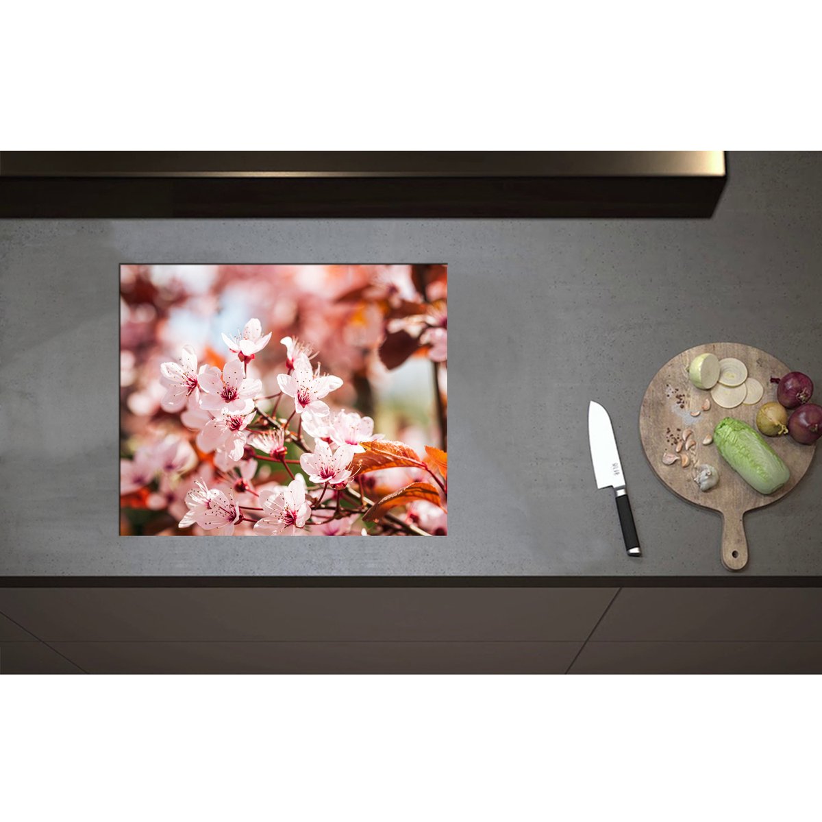 Inductieplaat Beschermer - Bloeiende Bloesem in het Roze aan Boom - 60x50 cm - 2 mm Dik - Inductie Beschermer - Bescherming Inductiekookplaat - Kookplaat Beschermer van Zwart Vinyl