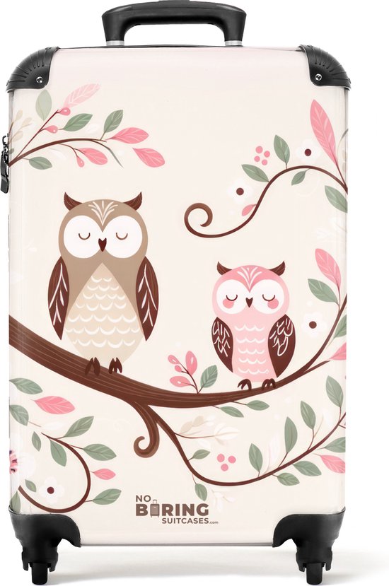 Koffer met een print van twee slapende uilen op een tak, omringd door roze en groene bloemen en bladeren.