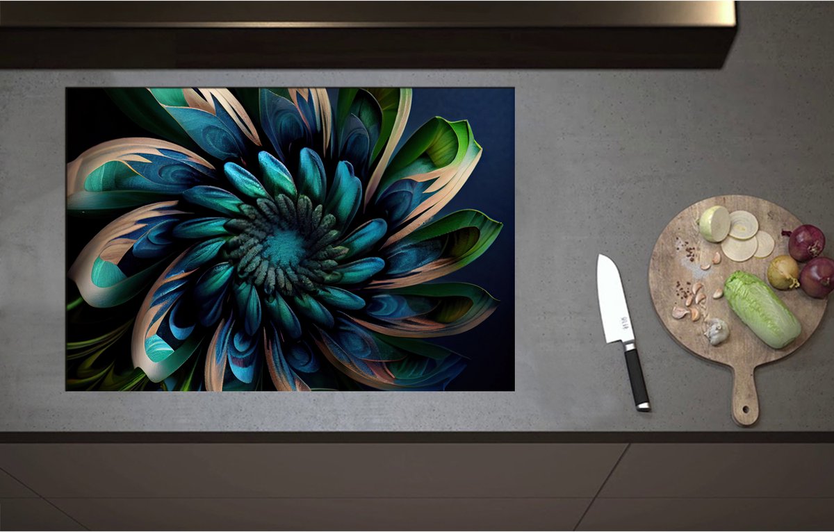 Inductieplaat Beschermer - Bloem in Blauw en Groen Tinten - 80x55 cm - 2 mm Dik - Inductie Beschermer - Bescherming Inductiekookplaat - Kookplaat Beschermer van Zwart Vinyl