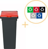 Plafor Fit Bin Prullenbak met Deksel voor Afvalscheiding - 20L – Zwart/Rood- Inclusief 5-delige Stickerset - Afvalbak voor gemakkelijk Afval Scheiden en Recycling - Afvalemmer - Vuilnisbak voor Huishouden, Keuken en Kantoor - Afvalbakken - Recyclen