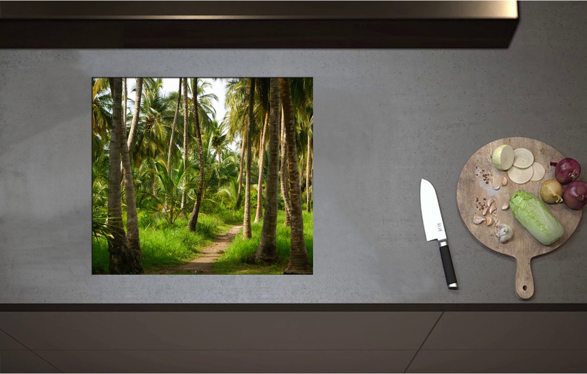 Inductieplaat Beschermer - Bospad in Bos van Hoge Palmbomen met Groen Gras - 57x51 cm - 2 mm Dik - Inductie Beschermer - Bescherming Inductiekookplaat - Kookplaat Beschermer van Wit Vinyl