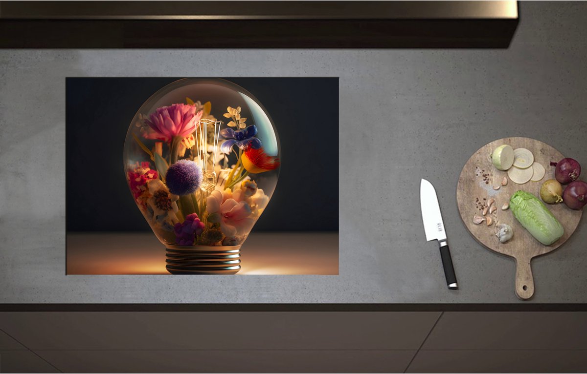 Inductieplaat Beschermer - Bloemboeket Groeiend in Lichtgevende Lamp - 70x51 cm - 2 mm Dik - Inductie Beschermer - Bescherming Inductiekookplaat - Kookplaat Beschermer van Wit Vinyl
