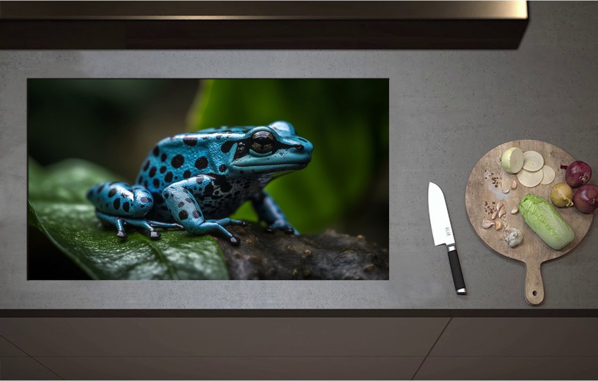Inductieplaat Beschermer - Blauwe zwart gestipte gif kikker zit op blad - 90x51 cm - 2 mm Dik - Inductie Beschermer - Bescherming Inductiekookplaat - Kookplaat Beschermer van Zwart Vinyl