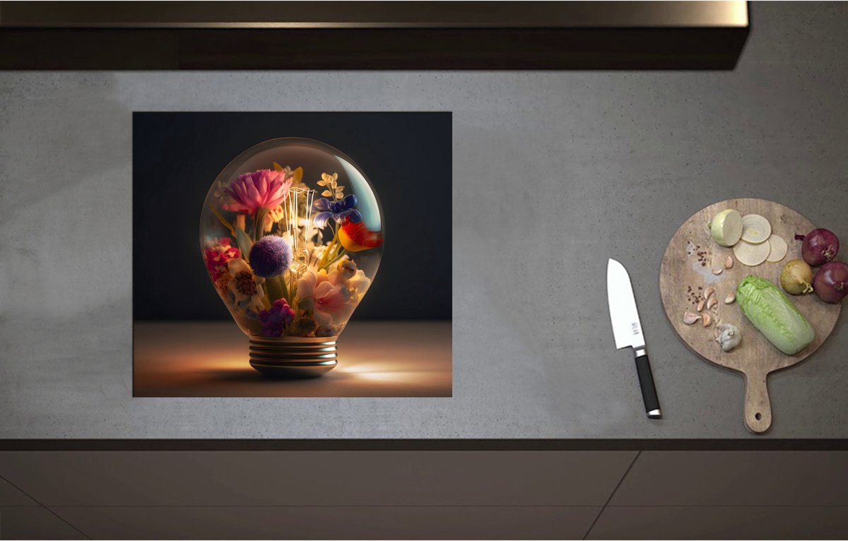 Inductieplaat Beschermer - Bloemboeket Groeiend in Lichtgevende Lamp - 57x51 cm - 2 mm Dik - Inductie Beschermer - Bescherming Inductiekookplaat - Kookplaat Beschermer van Zwart Vinyl
