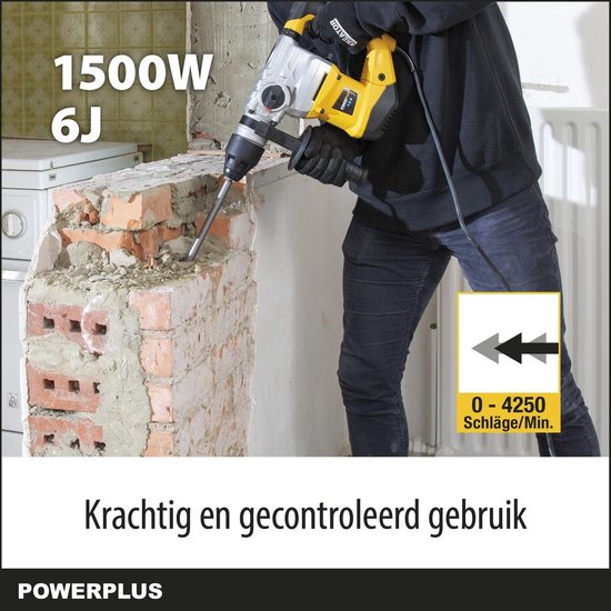 Man met een gele en grijze Powerplus klopboormachine, 1500W, 6J, 0-4250 slagen/min.
