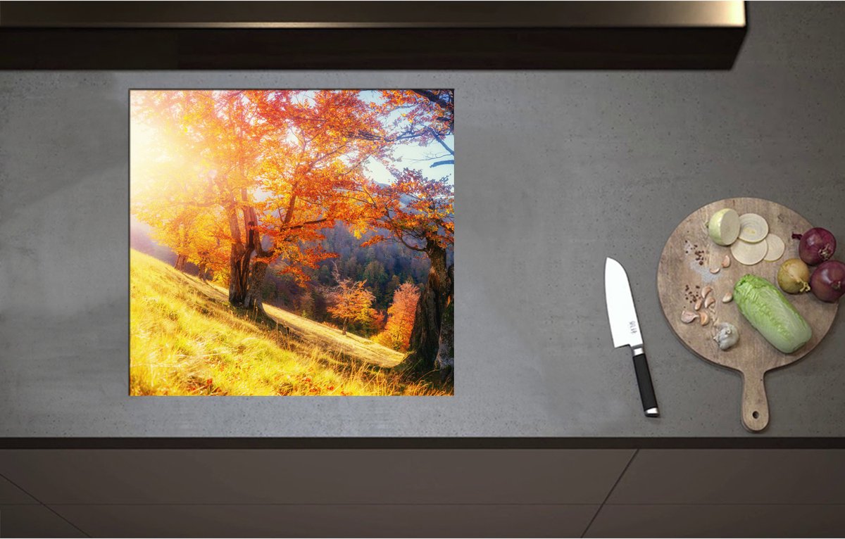 Inductieplaat Beschermer - Bomen op Rand van Berg in Herfst Tinten - 58x55 cm - 2 mm Dik - Inductie Beschermer - Bescherming Inductiekookplaat - Kookplaat Beschermer van Wit Vinyl