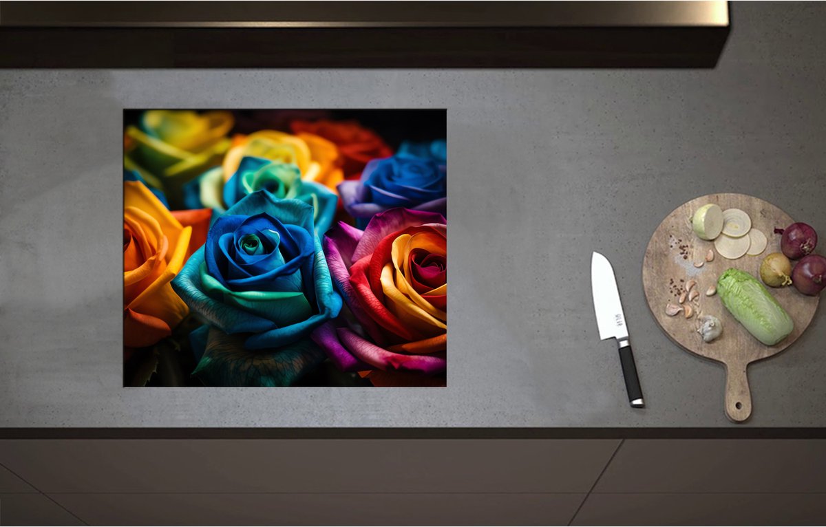 Inductieplaat Beschermer - Boeket van Rozen in Meerdere Felle Kleuren - 59x51 cm - 2 mm Dik - Inductie Beschermer - Bescherming Inductiekookplaat - Kookplaat Beschermer van Zwart Vinyl