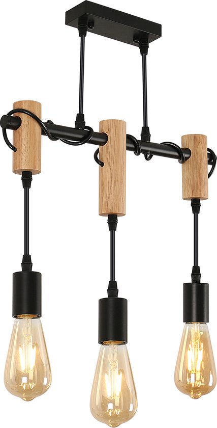 Delaveek-Draadgebonden houten Kroonluchter - Drievoudig - Zwart + Hout - Verstelbaar - E27 lampkop (Lichtbron niet inbegrepen)
