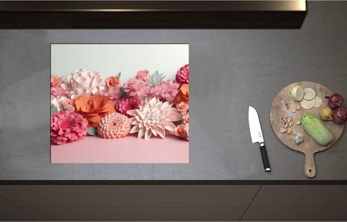 Inductieplaat Beschermer - Boeket van Papieren Bloemen - 60x52 cm - 2 mm Dik - Inductie Beschermer - Bescherming Inductiekookplaat - Kookplaat Beschermer van Zwart Vinyl