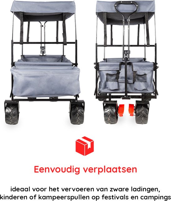 EASTWALL Bolderkar - Opvouwbare Handkar met Dak - 115 x 63 x 110 cm - Transportkar - Tot 80 kg - Verstelbare duw- en trekhandgreep - Inclusief Transparante Regenhoes met Ritssluitingen - Afneembaar Dak - Zwart/Grijs van EASTWALL — afbeelding 4