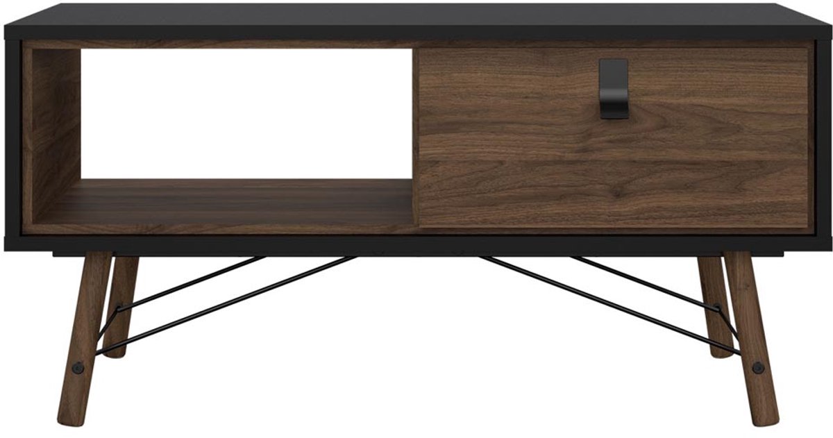 Rye salontafel 1 lade mat zwart, walnoot decor.