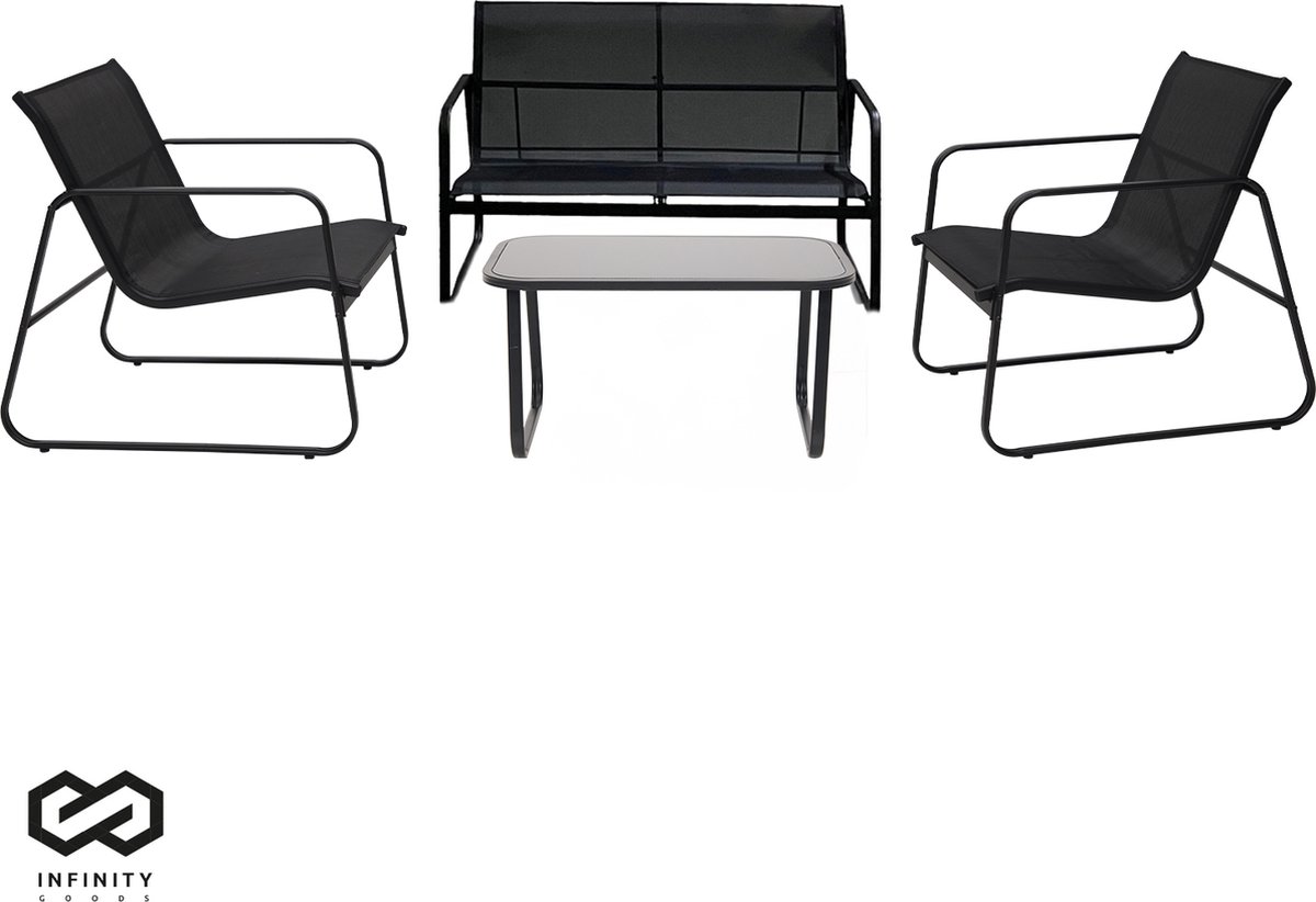 Infinity Goods Tuinset - Loungeset - Tuinmeubelen - Tuinbank - Tuinstoelen - Tuintafel - Glazen blad - 4 Persoons - Zwart/Antraciet op Prijzenvolger.com
