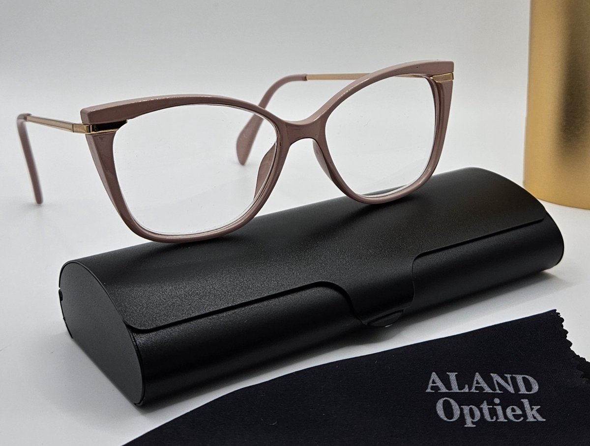 Elegante damesleesbril +1,0 / cat eye montuur, kleur roze en goud, bril +1.0 / lunettes de lecture / bril met brillenkoker en doekje / Aland optiek / leesbrillen dames / VV5423