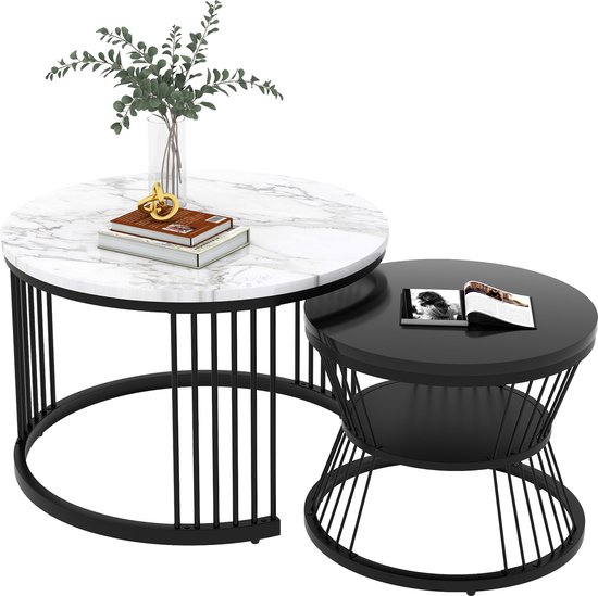 Sweiko Moderne Nesting salontafel, salontafel set, hoogglans tafelblad, gemarmerd, sofa bijzettafel, ronde Nesting salontafel, 2-delige set, zwart frame