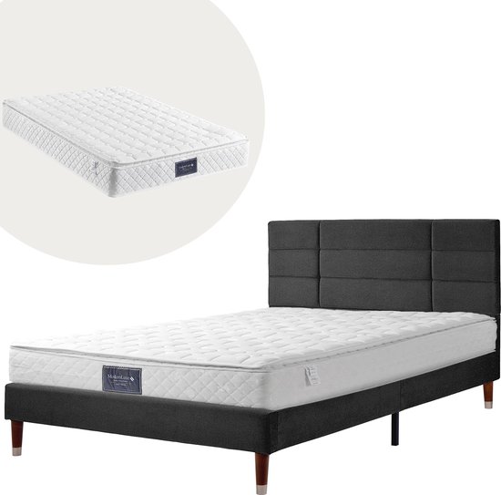 Merax Gestoffeerde Bedframe 140x200 cm - Tweepersoonsbed met Lattenbodem en Binnenveringsmatras - Luxe Bed met Matras - Zwart