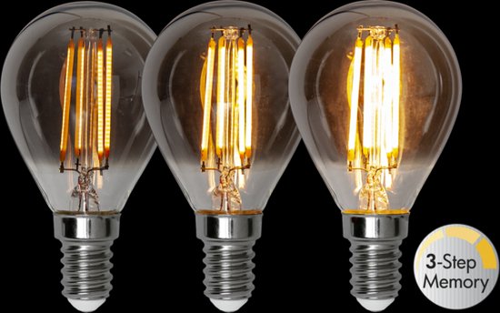 Trois ampoules sphériques E14 de couleur fumée avec 4 filaments visibles. Un cercle avec '3-Step Memory' se trouve en bas à droite.