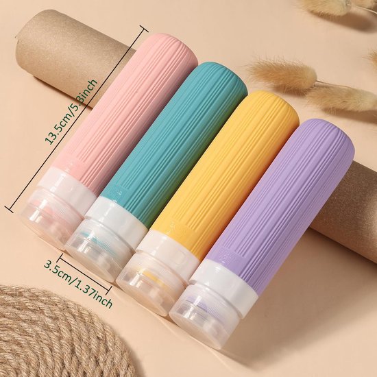 Set van 4 siliconen reisflessen, lege reisfles 90 ml, lekvrije reiscontainer, cosmetische fles klein, shampoo reisformaat, waterdicht en lekvrij, voor shampoo, cosmetica van Merkloos — afbeelding 2