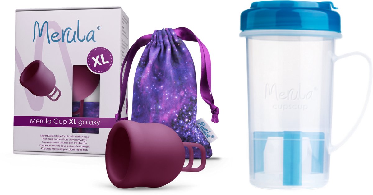 Merula XL Menstruatiecup en Cupscup Set - Galaxy Paars - Veilig en Hygiënisch - Gemakkelijk in gebruik - Handige reinigingsoplossing