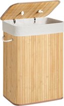Bamboe wasmand, opvouwbare wasbak met deksel en uitneembare katoenen waszak, 72 L wasbox, waskist, 40 x 30 x 60 cm, beige