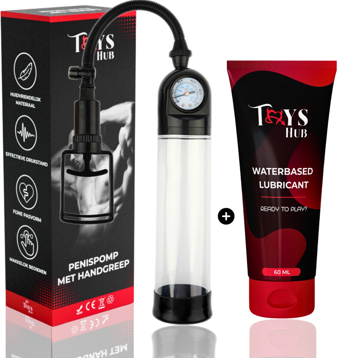 Goedkoopste Toys Hub® Penispomp met Glijmiddel, Handgreep & 2 Penisringen - Gratis Ebook - Trekmechanisme – Penis Vergroter – Barometer Display - Sex Toys voor Mannen – 20CM