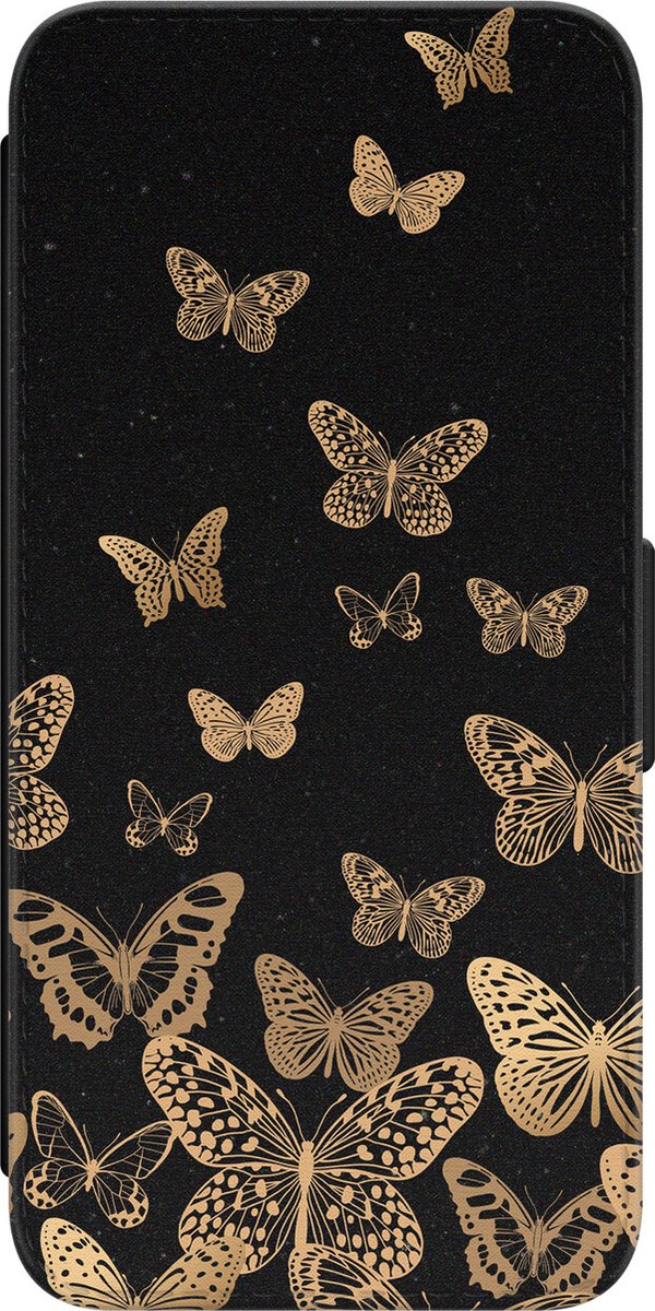Leuke Telefoonhoesjes - Hoesje geschikt voor Samsung Galaxy A53 - Vlinders - Wallet Case met pasjeshouder - Print / Illustratie - Zwart, Goud