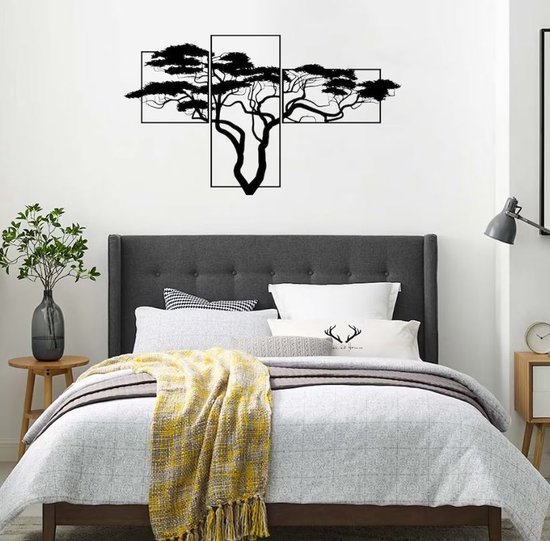 BT Home - 3 pièces Arbre de vie et visages déco murale déco moderne - Décoration Décoration murale - Zwart - Art bois - Décoration murale - Dessin au trait - Art mural - Bohème - Plaques Panneaux muraux - Salon - Line cm