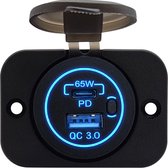 ProRide® 12V USB/USB C Stopcontact 2 Poorten Inbouw met Schakelaar - 65W - QC3.0 - USB Autolader, Boot en Camper - Complete set - Blauw
