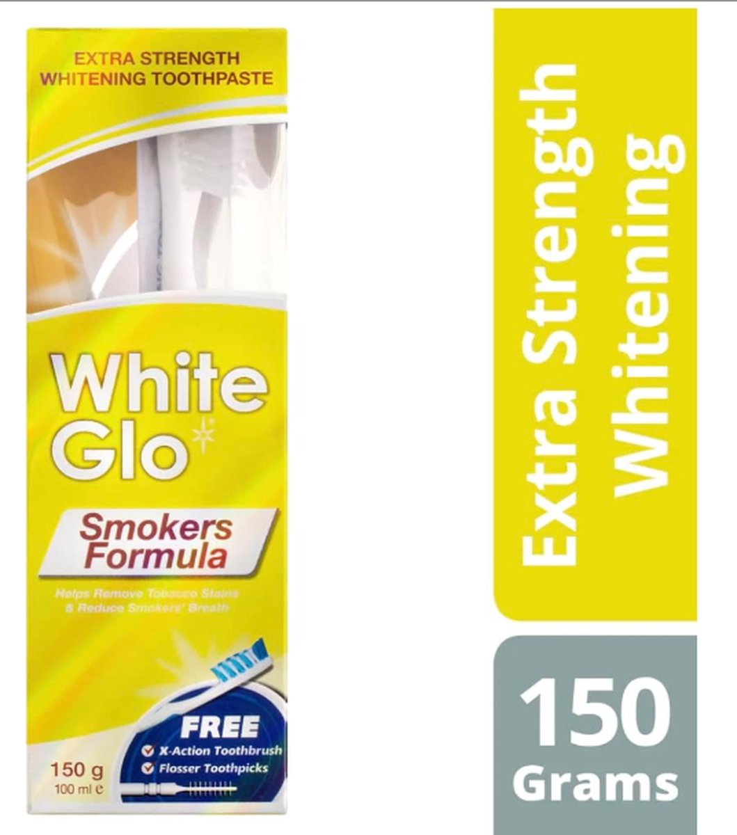 Goedkoopste White Glo Smokers Formula Whitening Tandpasta 150g (100ml) en tandenborstel en tandenstokers flossen
